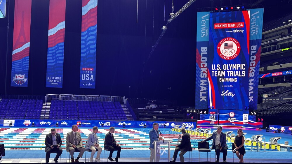 Mayor Hogsett and other leaders appear at a press conference for the Olympic Swim Trials in Indianapolis