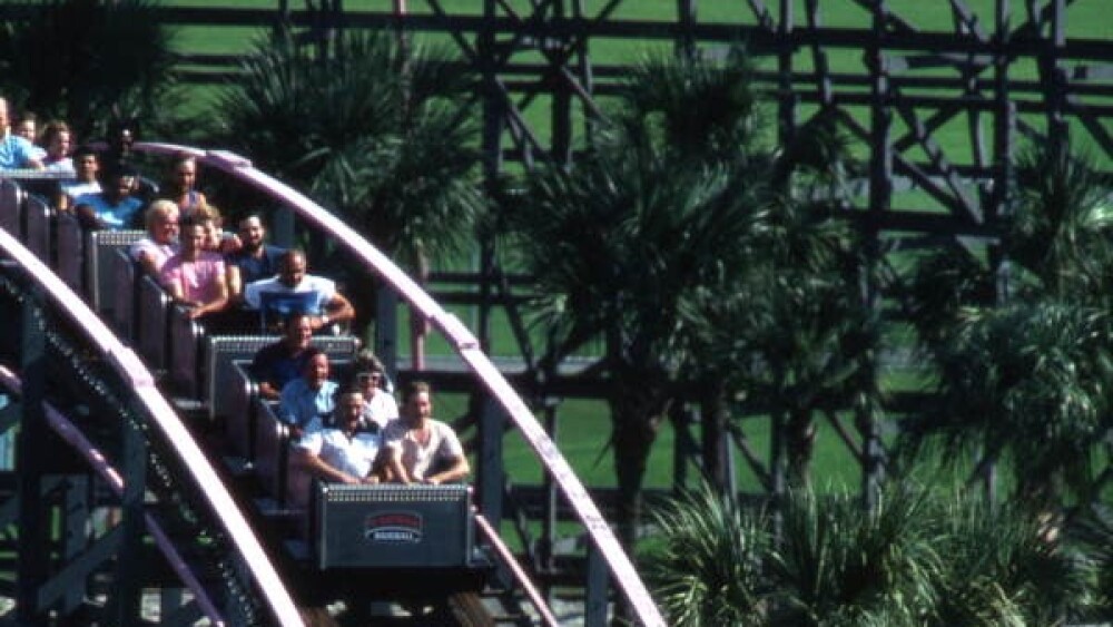 Hurricane wooden roller coaster at Boardwalk and Baseball