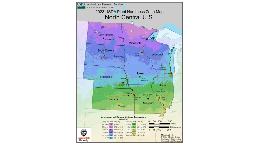 A map of plant hardiness zones in Kansas, Missouri, Illinois, Iowa, Nebraska, South Dakota, North Dakota, Minnesota, and Wisconsin.