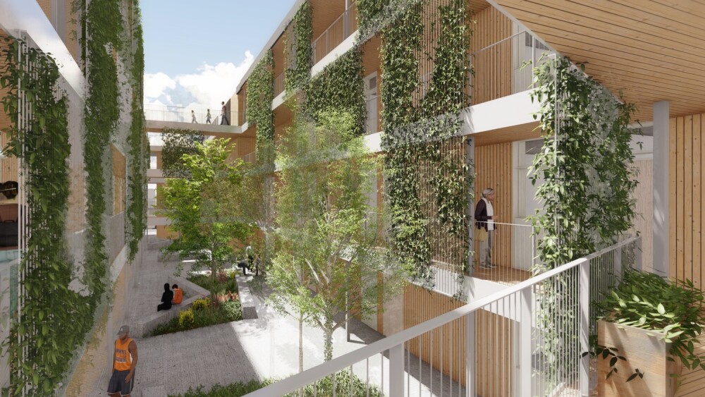 A rendering of an apartment building courtyard with lots of plants