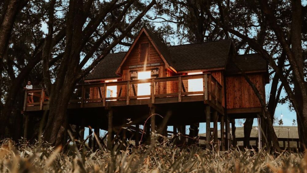 An exterior view of the Treehouse at Bonnet Springs Park, showing lights from the windows.