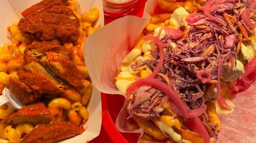 Four vegan comfort dishes, including mac and cheese, loaded fries, a burger, and wings.