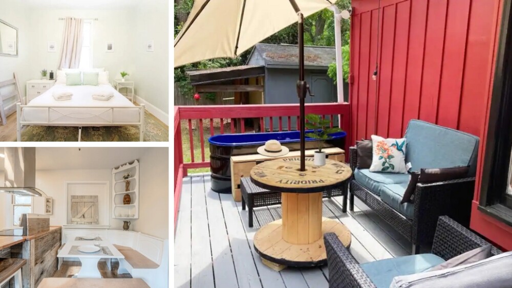 Several photos of a rental house with a bright red exterior and spacious bedrooms.