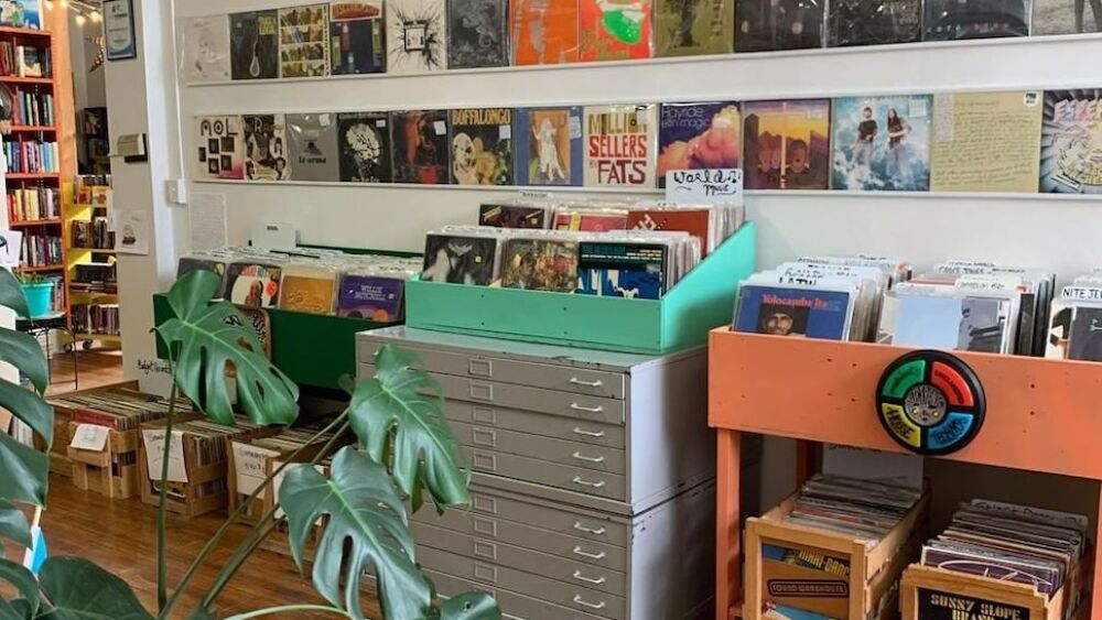 stacks of records at Irvington Vinyl and Books