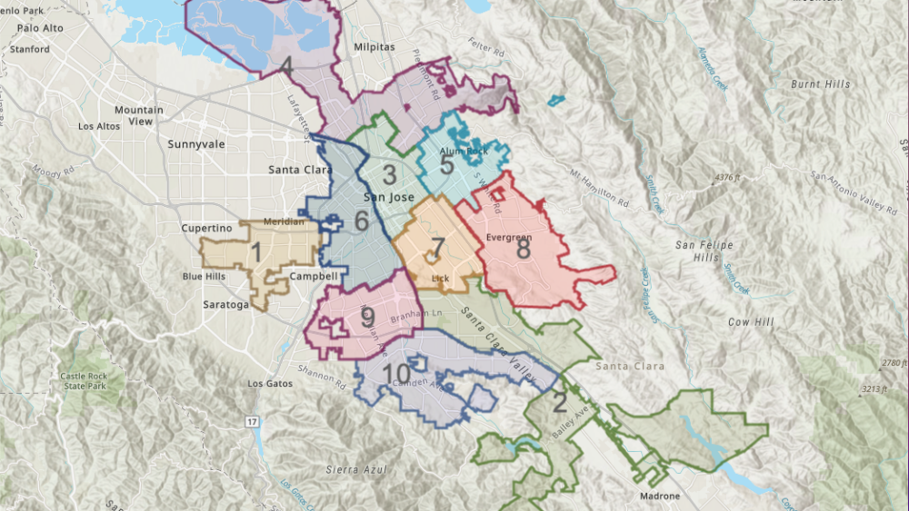 A screenshot of San Jose's interactive map showing the district boundaries. 