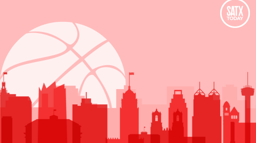 A pink and red graphic of the San Antonio skyline, backdropped with the outline of a giant basketball.