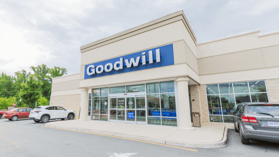 A GIF of the Goodwill store exterior and an employee behind clothing racks.