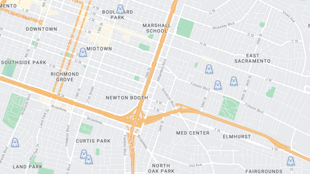 A map with ghost emojis pinned around the city of Sacramento