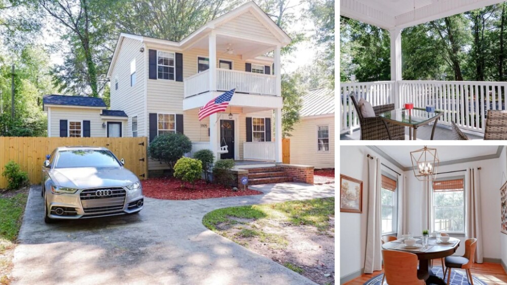 Several photos of a rental home with black shutters, a porch swing, and elegant furnishing.