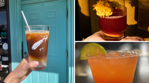 A collage of three beverages like iced espresso, bourbon, and an orange drink with a  lime wedge