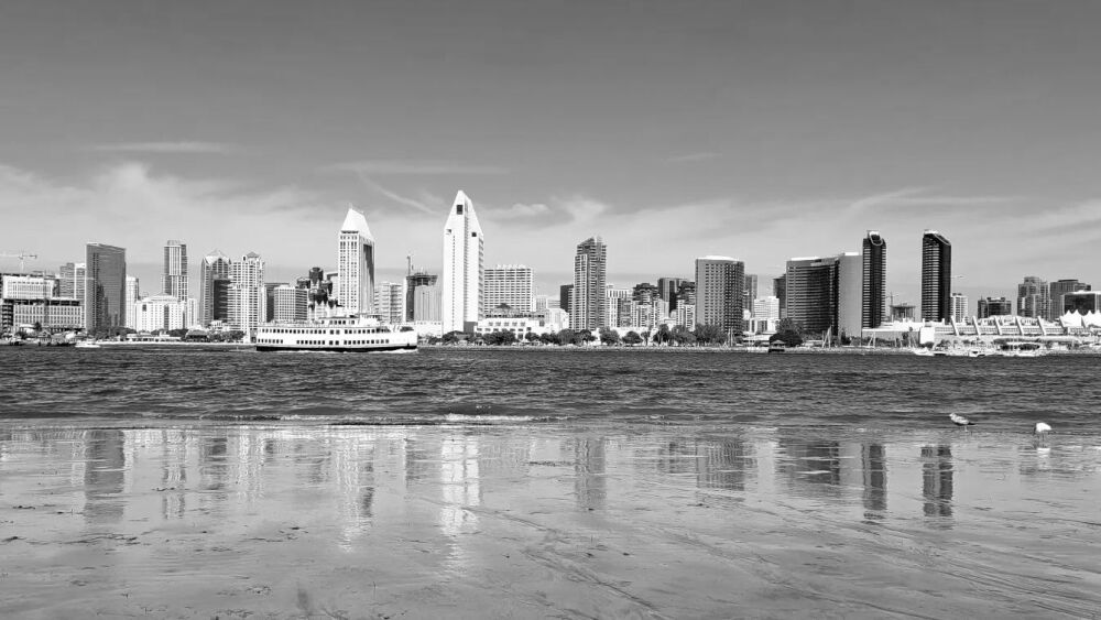 San Diego skyline photo in black and white