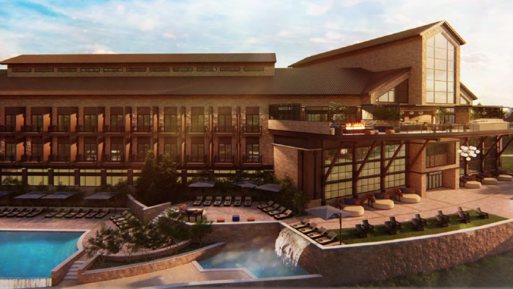 Rendering of a hotel with a waterfall feature outside.