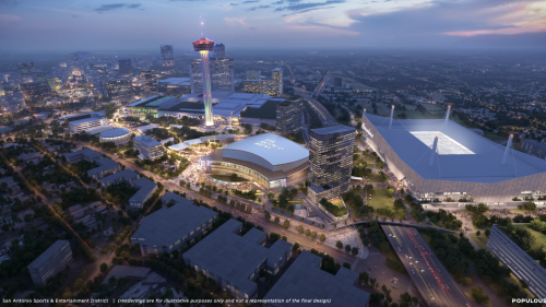 Rendering showing an updated Alamodome, new Spurs arena, land bridge, and expanded Hemisfair area.