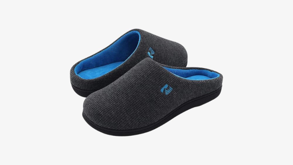 A pair of memory foam slippers.