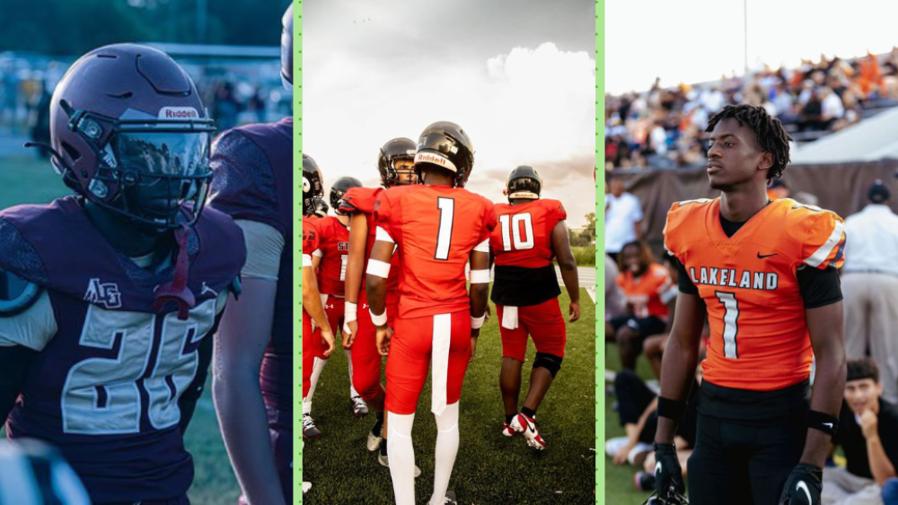 Three photos of Lakeland high school football players on the field