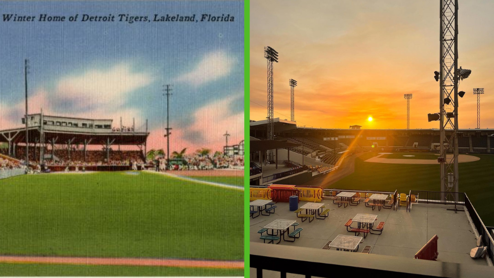 A side-by-side image showing a postcard of Henley Field next to a photo of Joker Marchant Stadium.