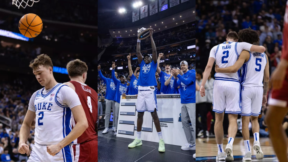 Three photos from Duke's Elite Eight game against Alabama in 2025.