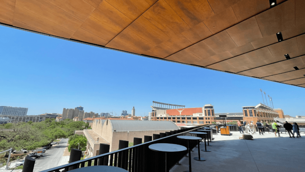 The view of the stadium from the Moody Center's terrace canopy.