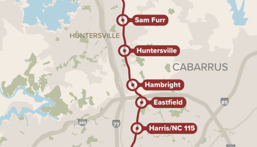 A map with a red line connecting a hopeful train rail through Charlotte-area communities.