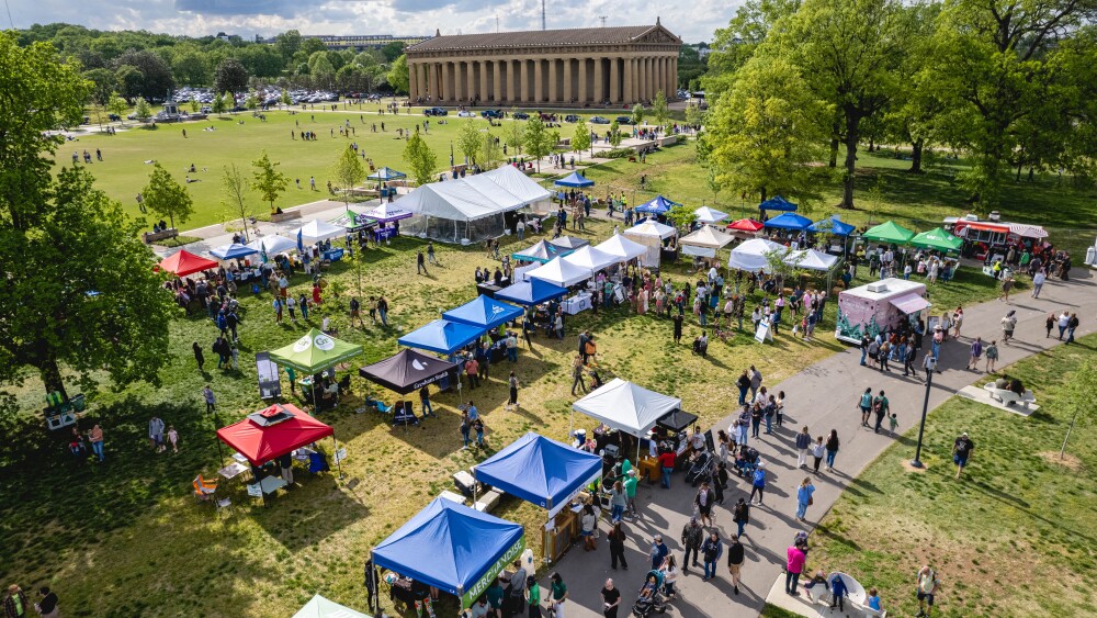 Drone photo of Nashville residents gathering around tents