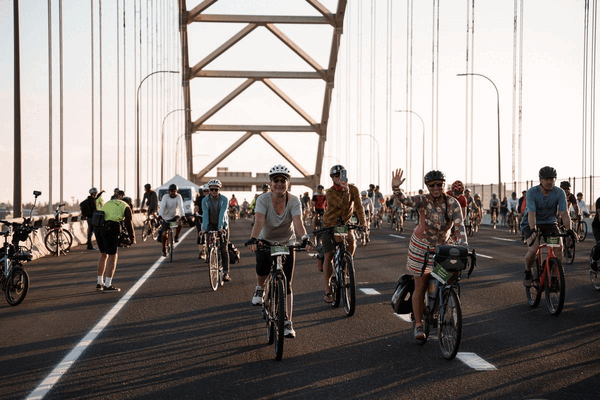 Alternating images show participants of Portland's Bridge Pedal event.