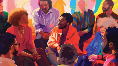 An illustration of community members gathering