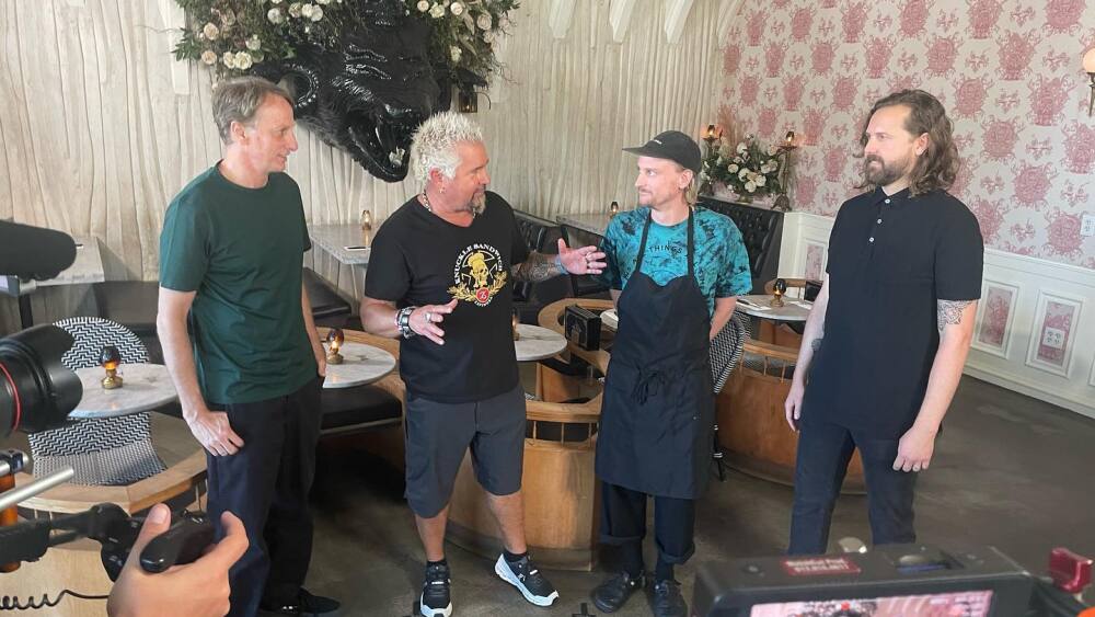 Guy Fieri filming Diners, Drive-Ins, and Dives at Kindred in San Diego.