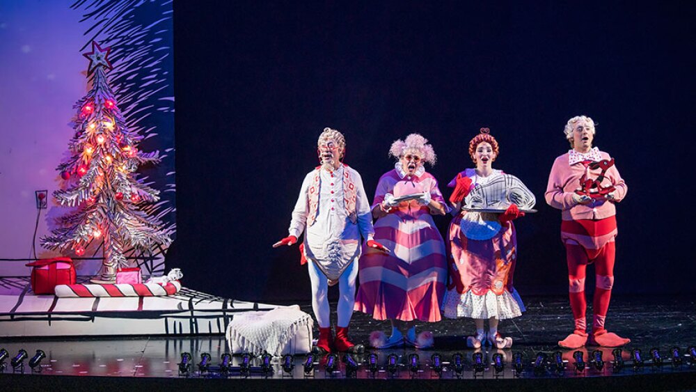 Larry Raben as Grandpa Who, Bets Malone as Grandma Who, Katie Sapper as Mama Who, and Kevin Hafso Koppman as Papa Who in Dr. Seuss’s How The Grinch Stole Christmas, 2019. Photo by Jim Cox.