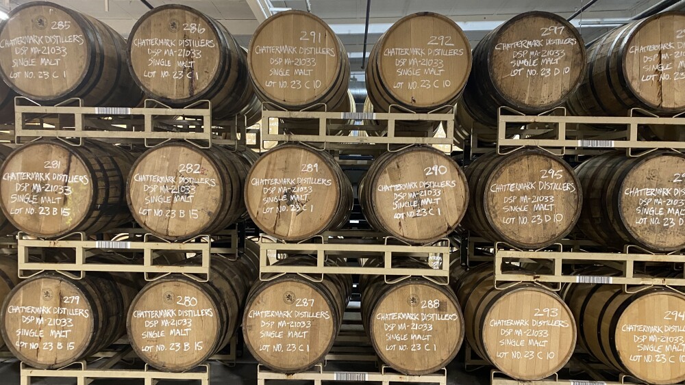 The barrels stacked at Chattermark Distillery.