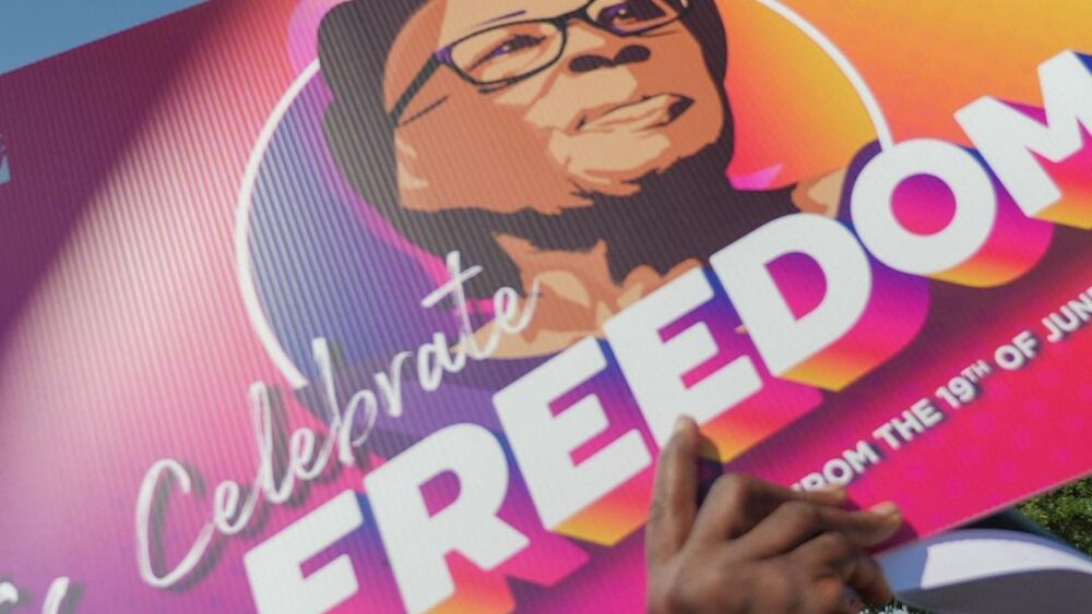 Opal Lee's walk for freedom banner.