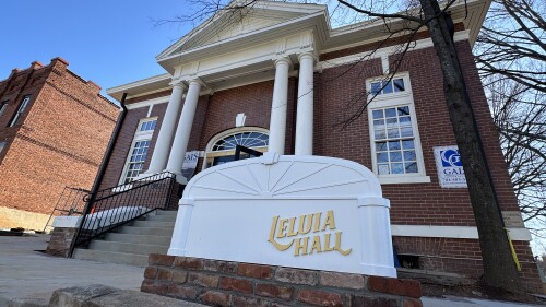 An exterior shot of the signage of Leluia Hall in South End.