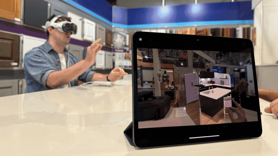 A person wearing a VR headset behind an iPad on a counter. A close-up of the headset. A sign in front of a kitchen display.