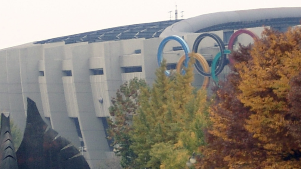 The Songpa-Gu Olympic Center has a gray and vibrant design with large olympic rings.