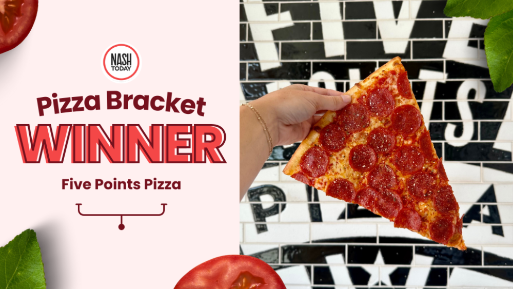 A graphic that. says "Pizza Bracket Winner: Five Points Pizza" with a photo of someone holding a slice of pepperoni in front of a black and white mural with the business' logo on it on one side of the graphic.