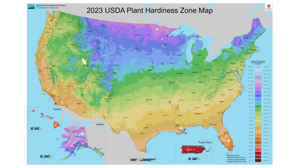 The USDA's plant hardiness zone map for the US.