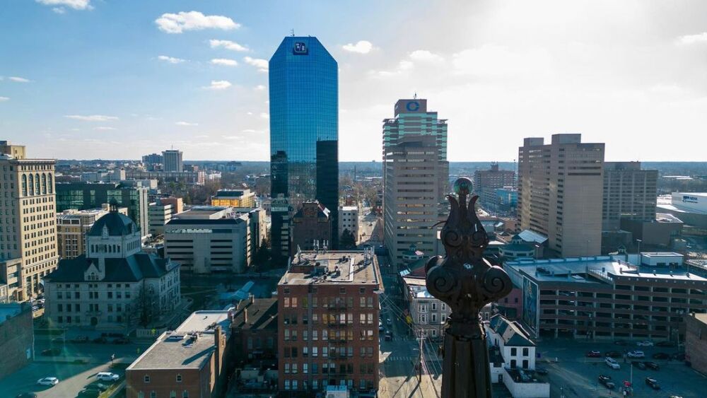 A drone shot of Lexington's downtown area.