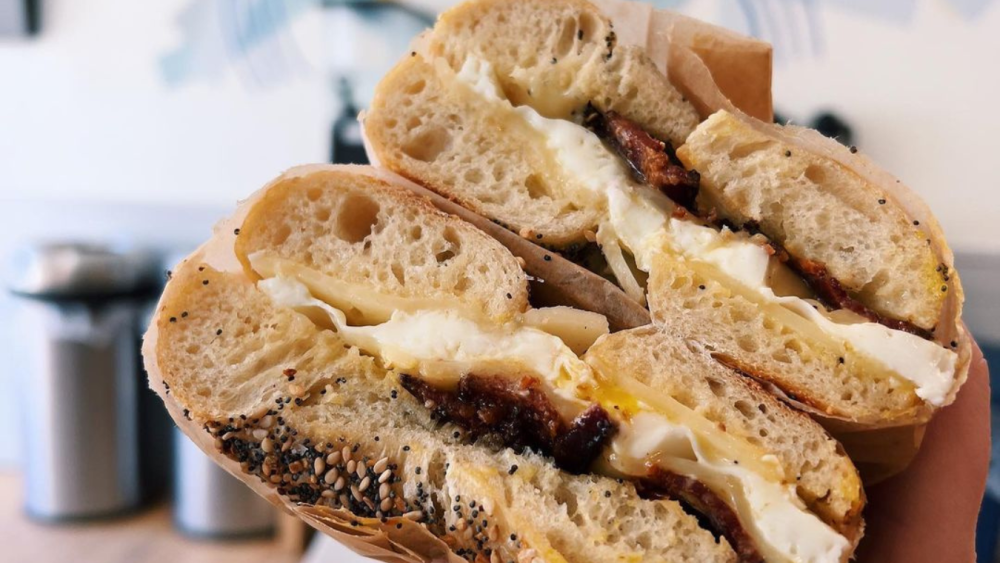 Close up picture of everything bagel sandwich