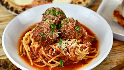 A plate of spaghetti and meatballs from Obo' Italian Table and Bar.