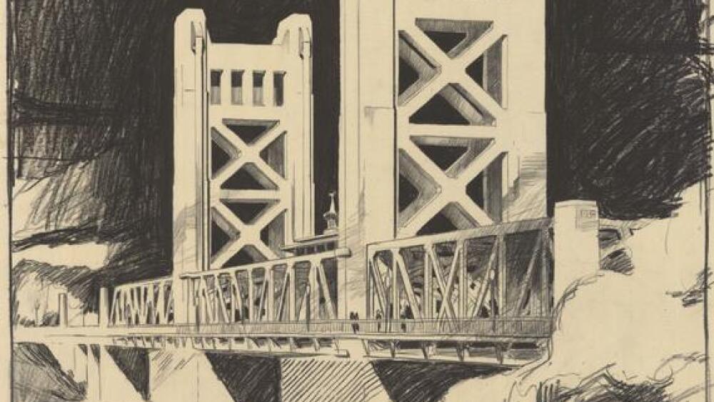A dual-tone sketch that shows the height of Tower Bridge.