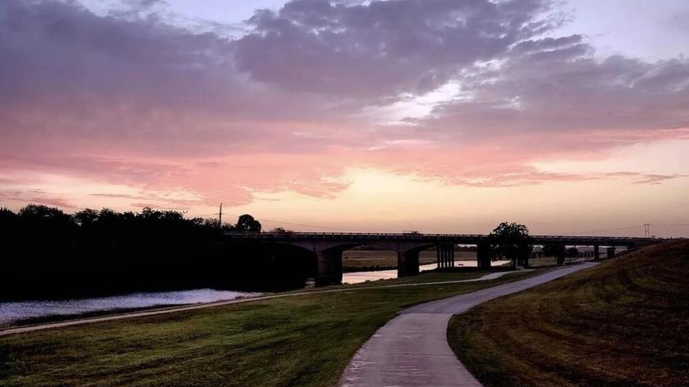 View of the Trinity Trails in Fort Worth, TX at sunset. 