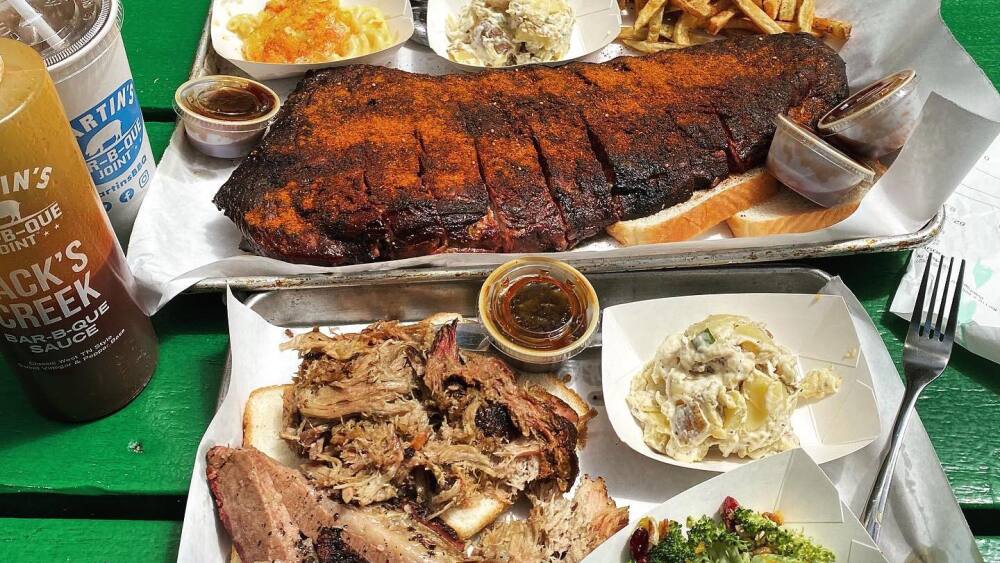 A spread of barbecue and sides at Martin's Bar-B-Que