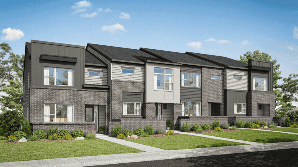 1. Exterior render of dark brick townhomes. 2. Interior photo of a white kitchen, fully staged.