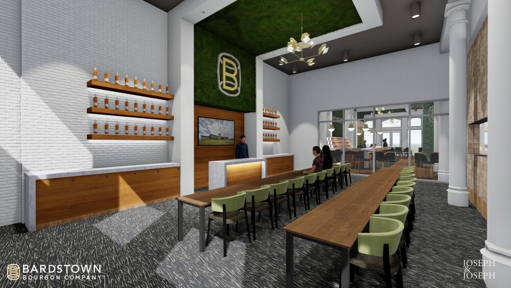 This rendering shows the classroom space that will be used for educational experiences. It features a main bar and two rows of tables and chairs for students. Bottles of the company's bourbon line the walls behind the main bar.