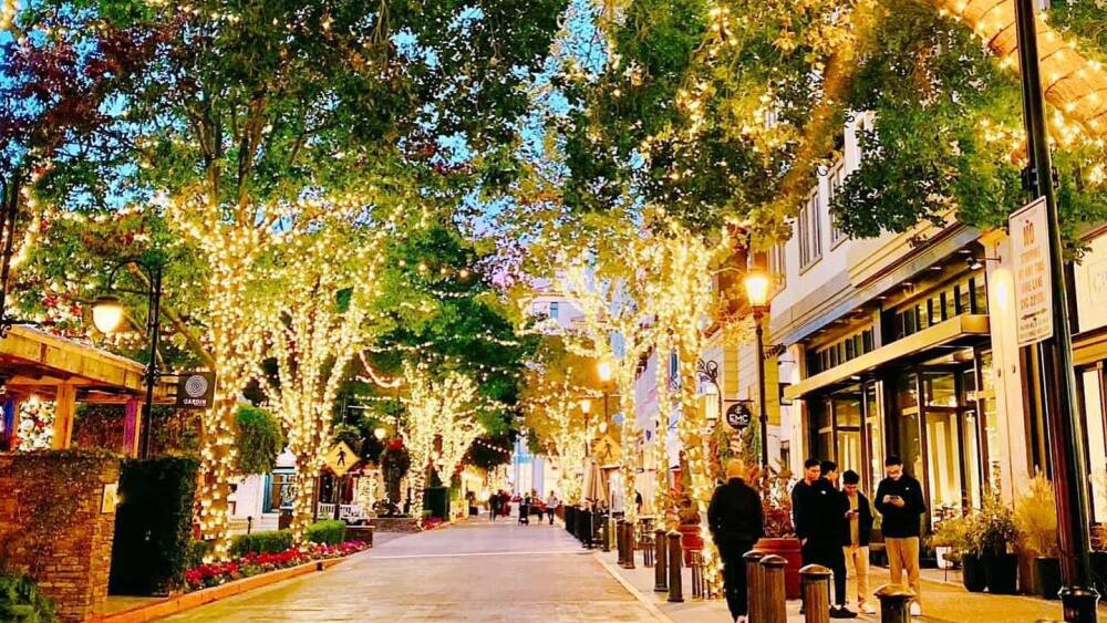Santana Row lit up with Christmas lights.