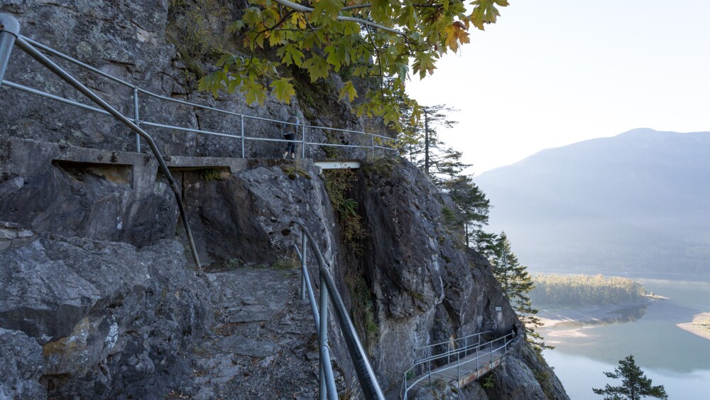 Beacon Rock's trail is cut into the side of the cliff, providing tremendous views of the Columbia River Gorge.