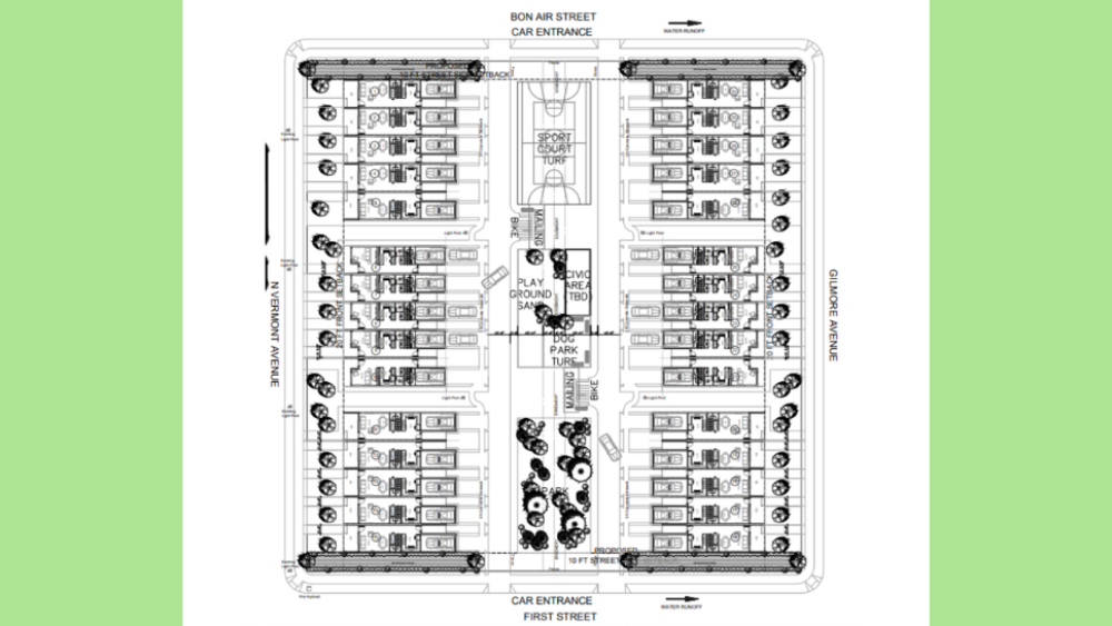 Site plan of a Lakeland townhouse development showing units, parking, sport court, playground, dog park, and landscaped areas.