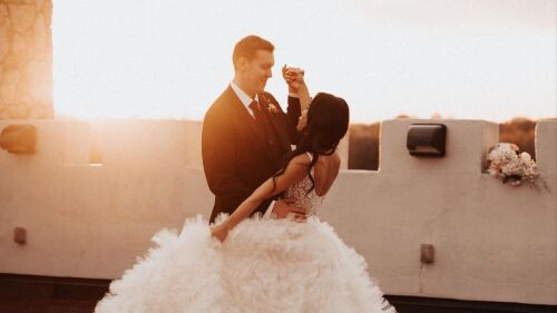 A couple dancing on the rooftop of the Kentucky Castle in Lexington, KY.