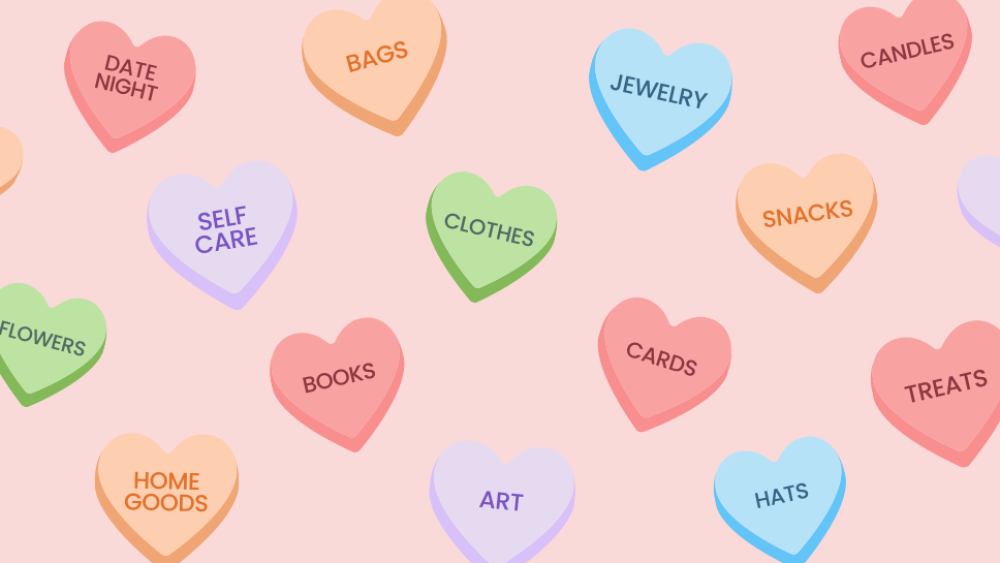 A graphic with cartoon candy hearts that have different gift categories written inside, like "Home Goods" and "Books."