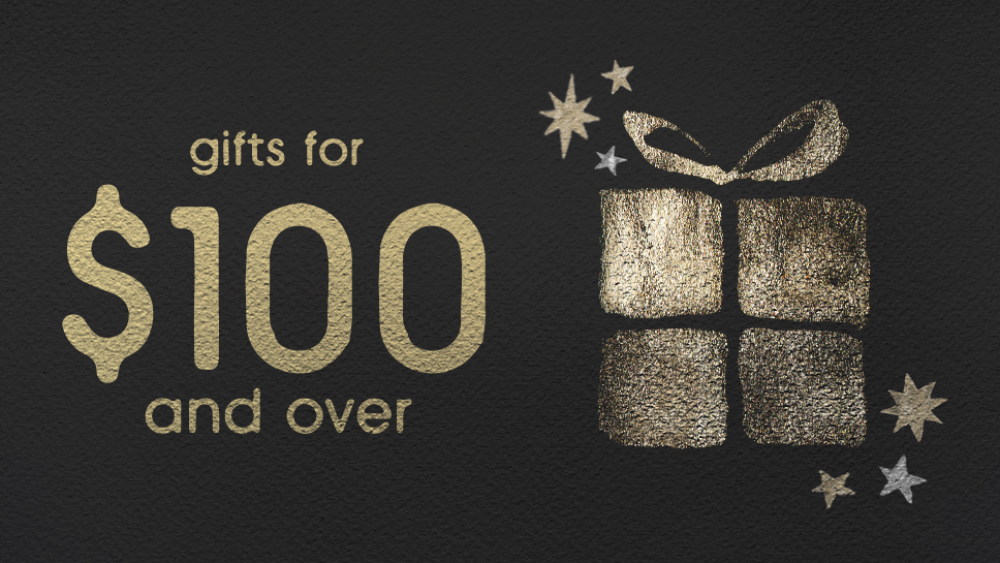 A graphic that says "gifts for $100 and over" in metallic gold and silver