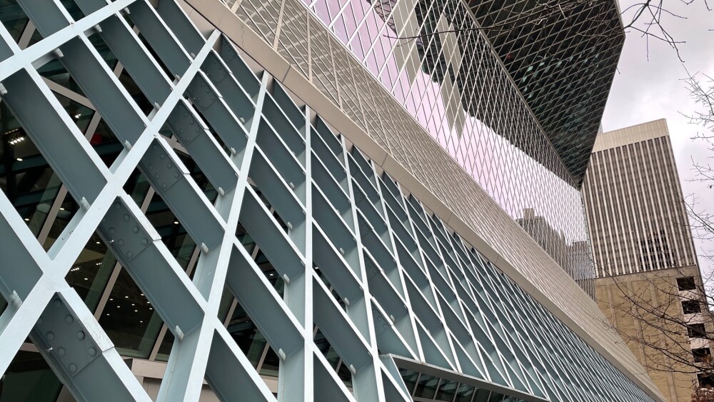 A view of the latticed front of the Seattle Public Library's Central Branch.